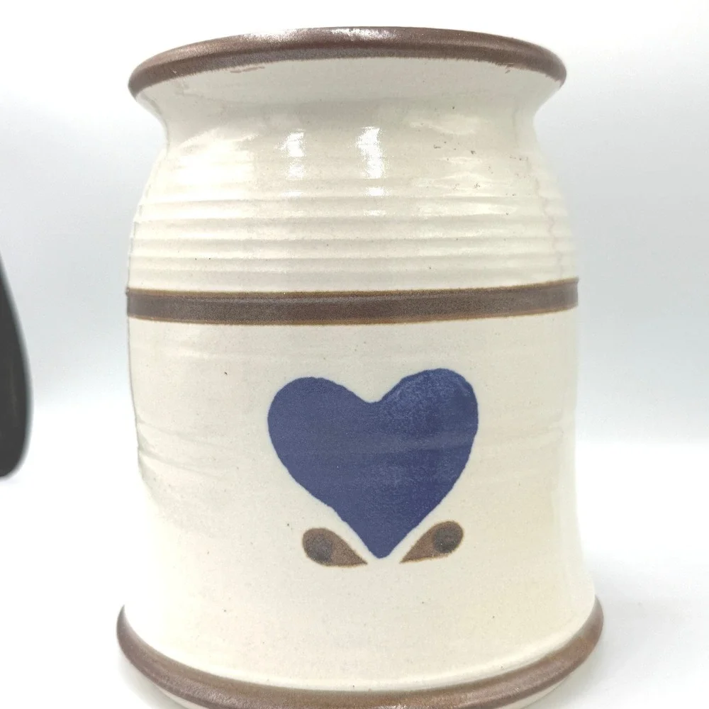 Handmade Stoneware Heart Crock Kitchen Utensil Holder Cream Blue Signed